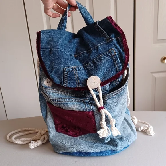 Handmade Original Design Upcycled Jeans Denim Drawstring Backpack Floral Lining - Picture 1 of 14